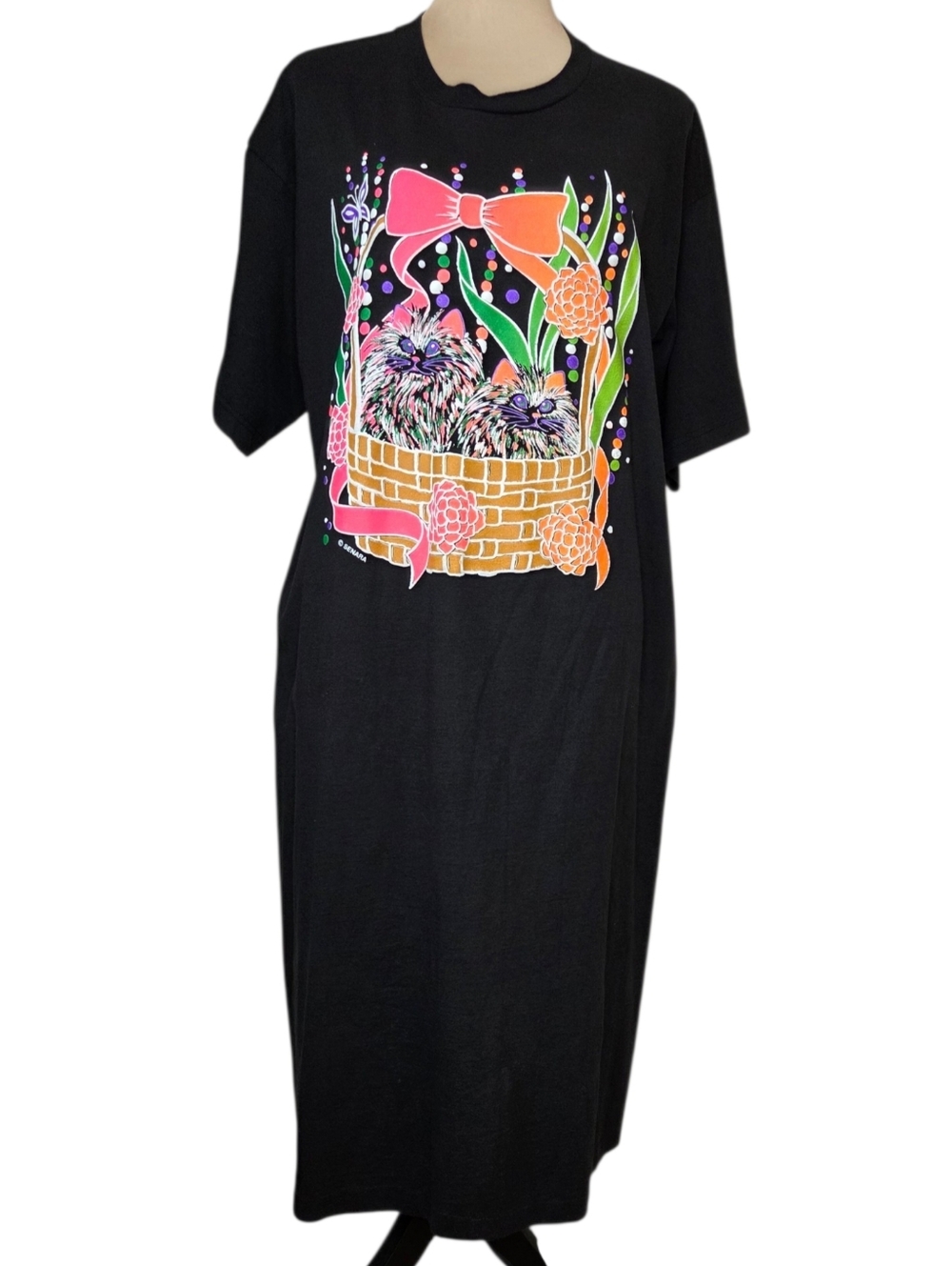 Vintage 90s Neon Cat Graphic T-Shirt Dress Nightgown Black Maxi Kawaii Kitschy